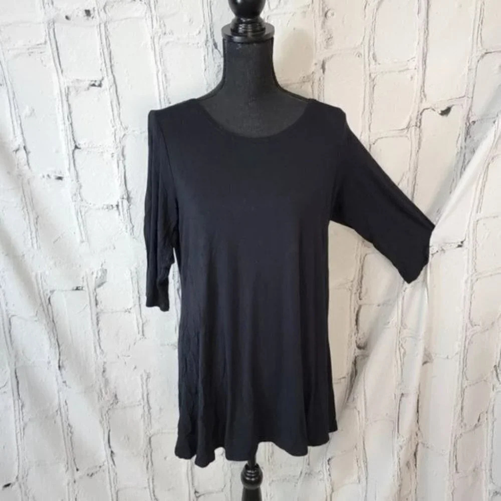 BASIC Black Blouse Layering Base Wardrobe Staple Tunic Length Flare Fit M
